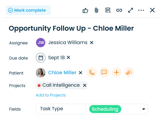 Each task is auto - assigned to the team member linked to the call